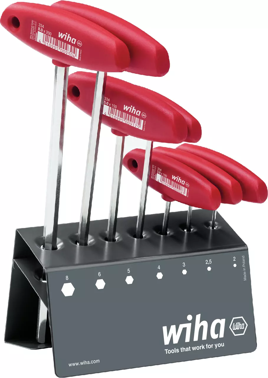 Red-handled hex key set in a gray stand