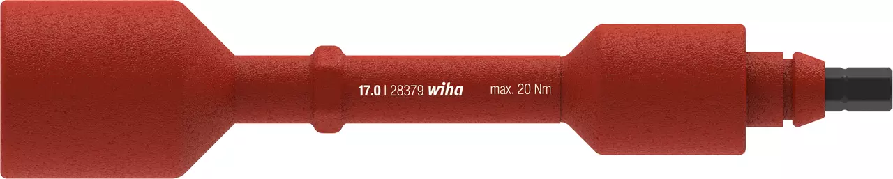 Red, textured exchangeable blade for electric screwdriver, labeled with specifications.