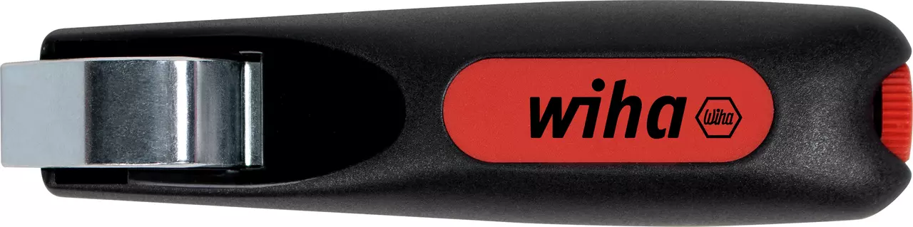 Wire stripping tool with black handle and red label showing brand logo