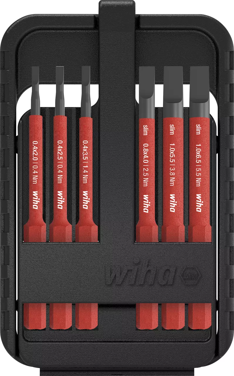 A set of red screwdriver bits in a black plastic holder.