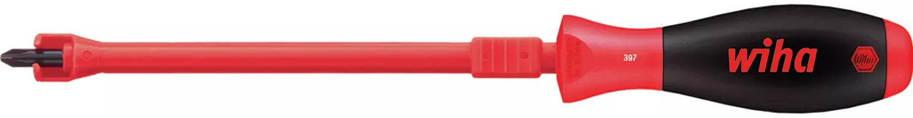 Red and black screwdriver with ergonomic handle and long insulated shaft.