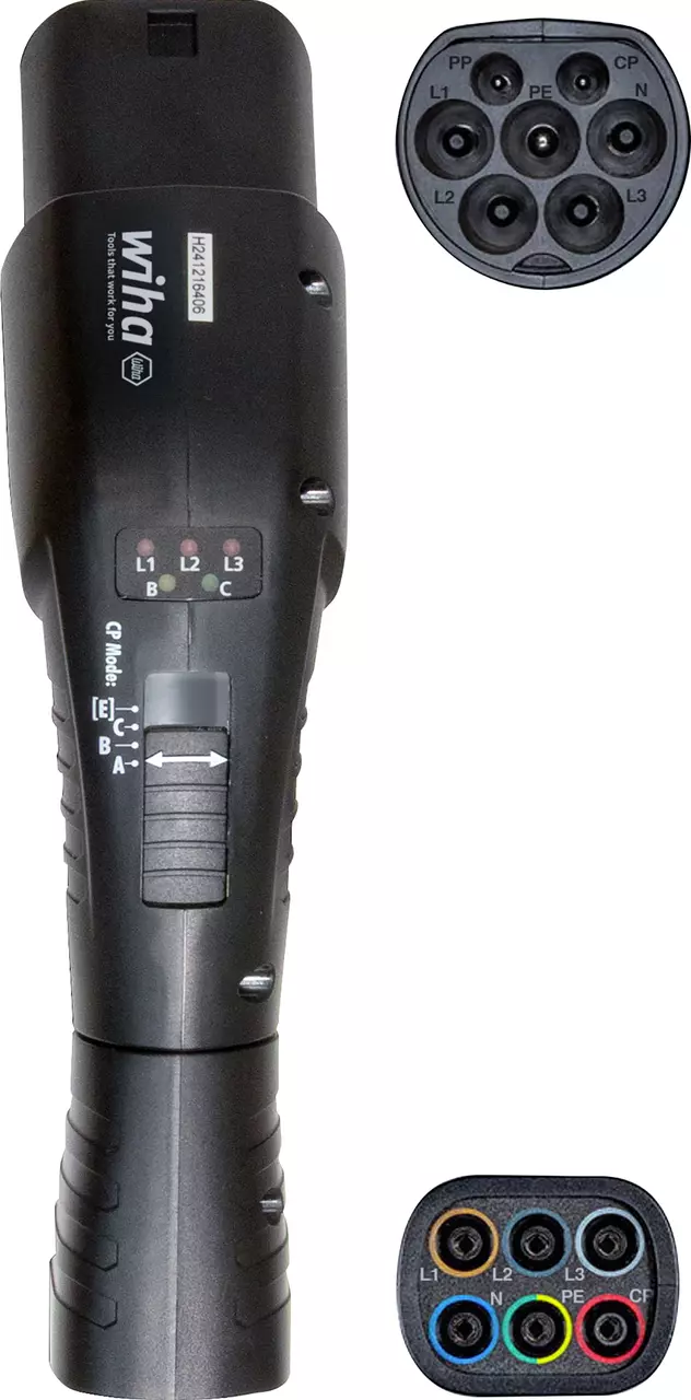 Installation tester set with wallbox adapter, black, showing connectors and mode switch.