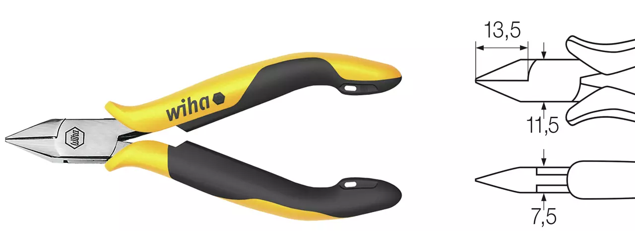 Yellow and black side cutter with ergonomic handles, shown with technical drawing and measurements.