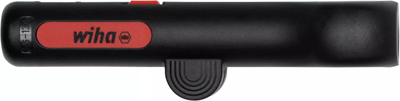Black and red round cable stripper with ergonomic grip.