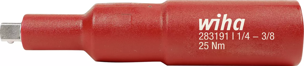 Red tool adapter with text "wiha 283191 1/4 - 3/8 25 Nm" on the side.