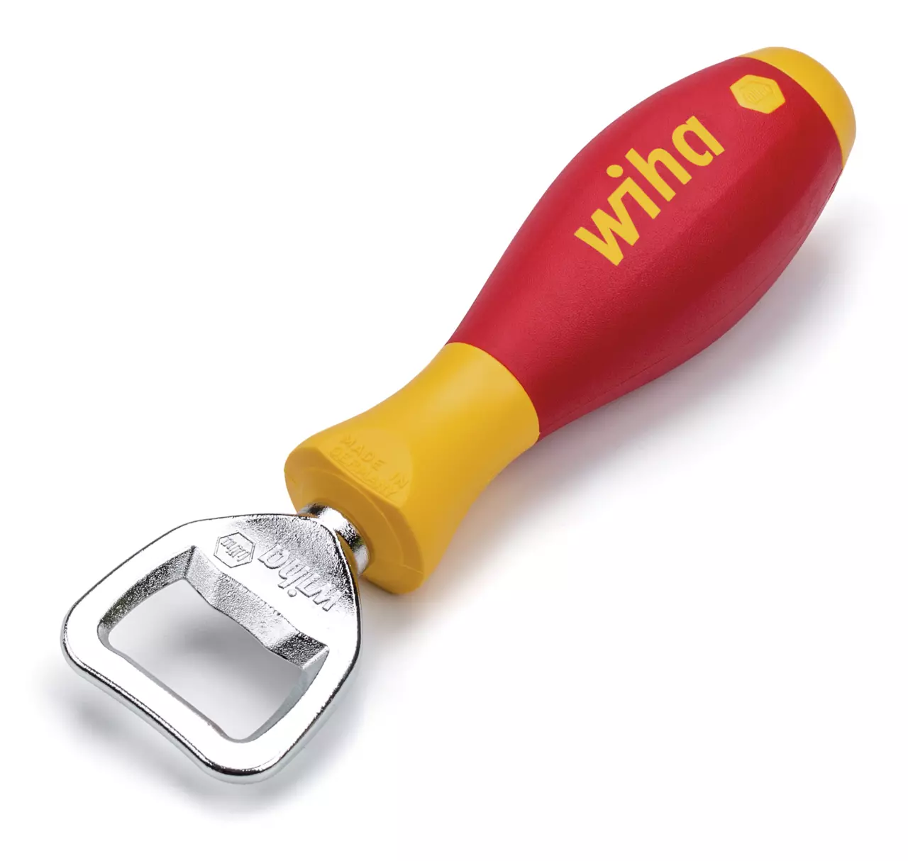Red and yellow bottle opener with ergonomic handle.