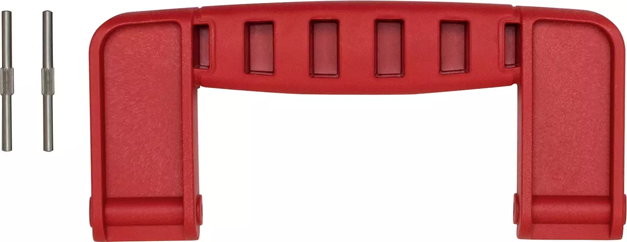 Red plastic handle with two metal pins beside it.