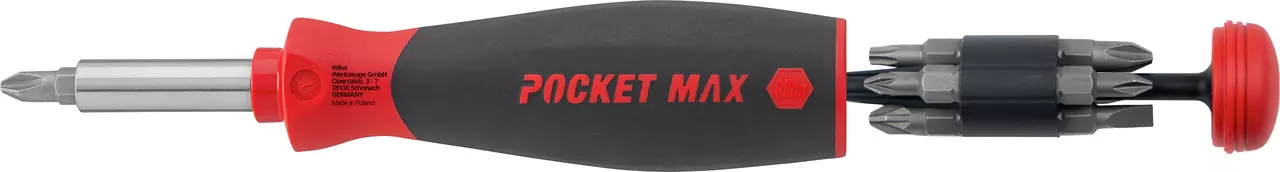 Black and red screwdriver with multiple bits and storage compartment