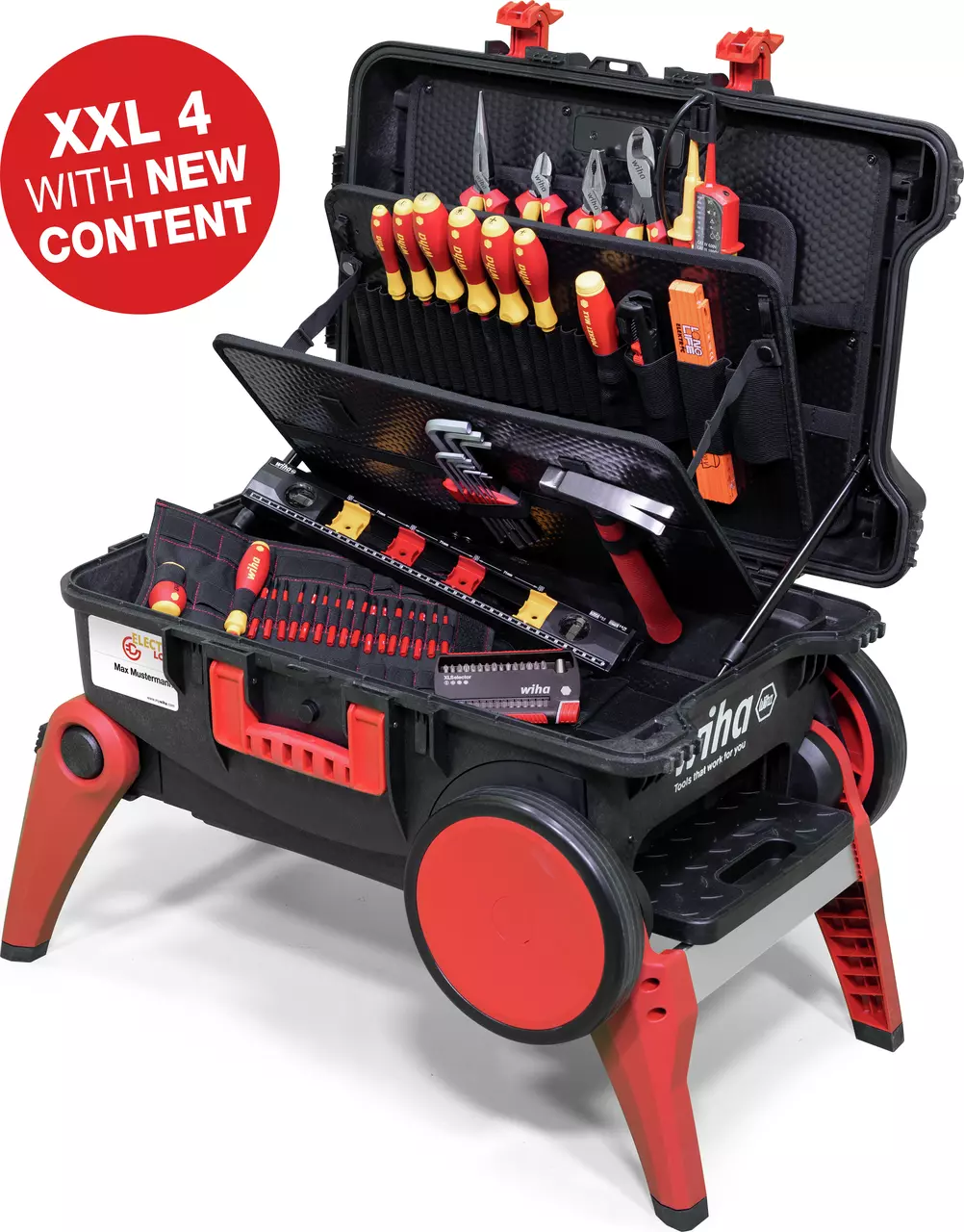 Tool case with assorted hand tools and red handles, open on a stand.