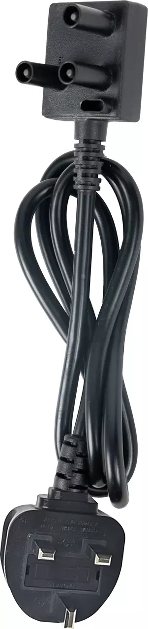 Black measuring plug with two-prong connectors and a UK plug