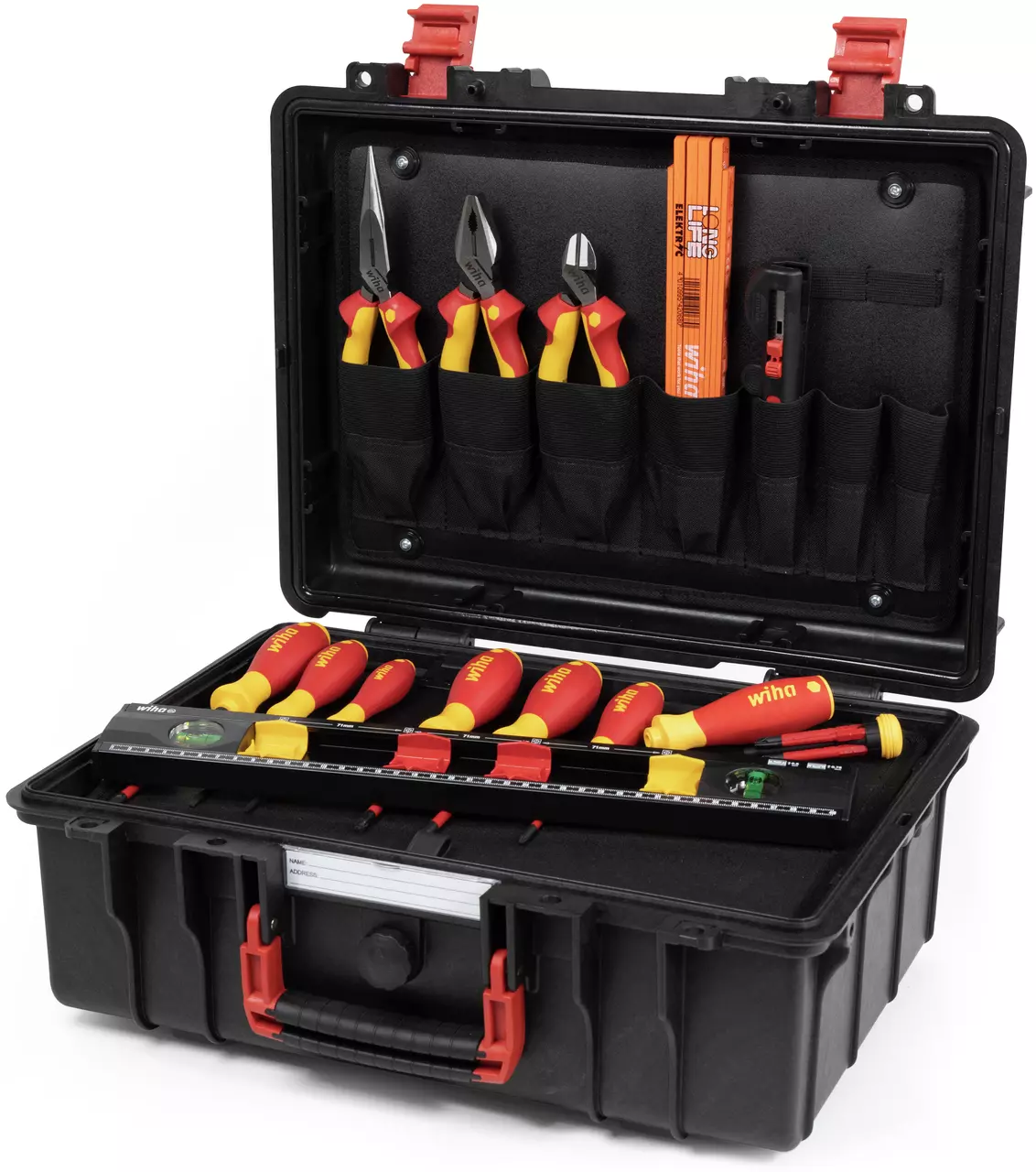 Black tool case with red and yellow-handled tools, including pliers and screwdrivers.