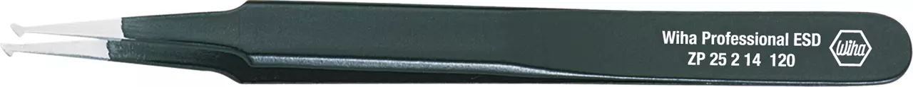Black ESD precision tweezers with fine tips and printed branding on the handle.