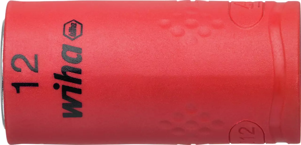 Red insulated socket wrench attachment with black text