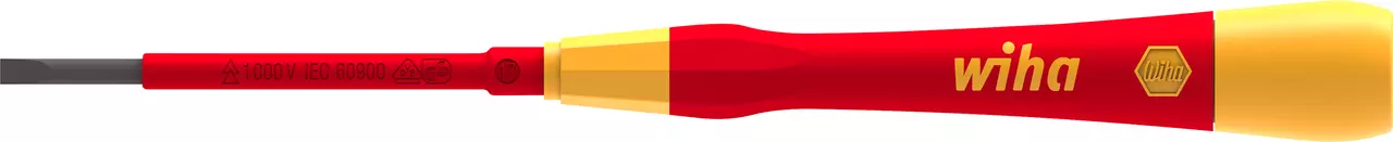 Insulated precision screwdriver with red handle and yellow tip