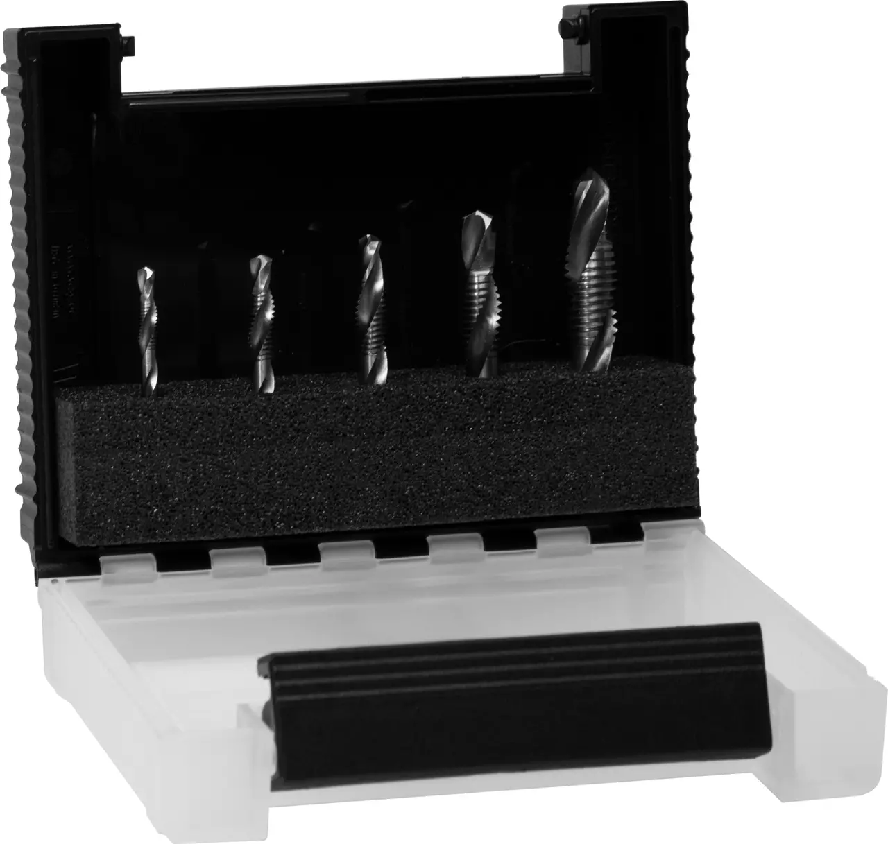 Set of combination tap bits in a black case with foam holder.