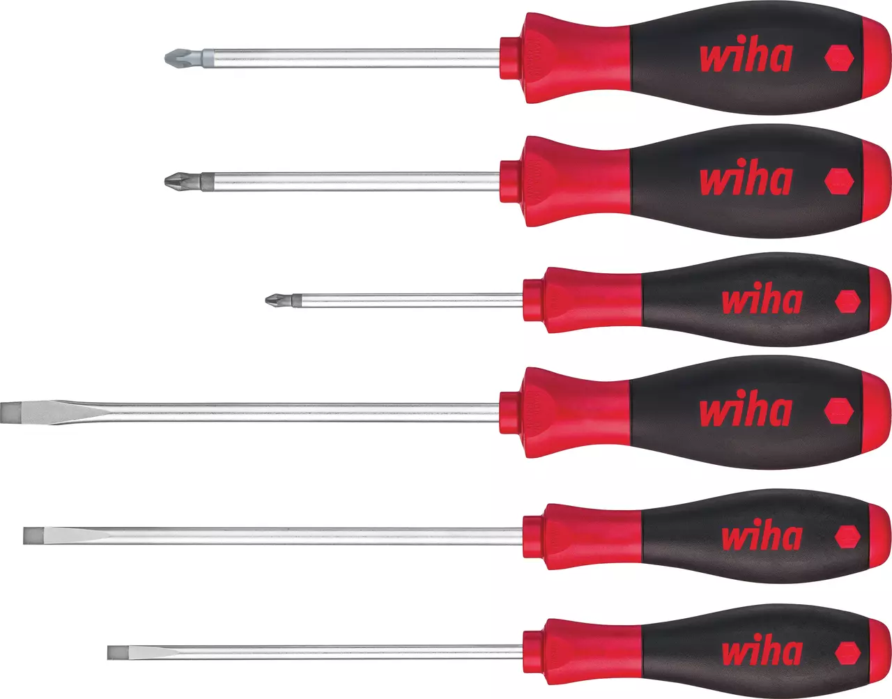Set of six screwdrivers with red and black handles, various head types