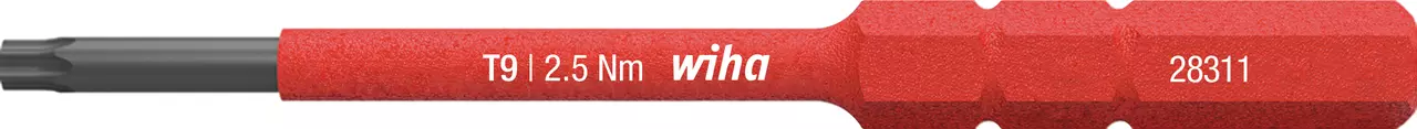 Red screwdriver bit with T9 marking and Wiha branding.