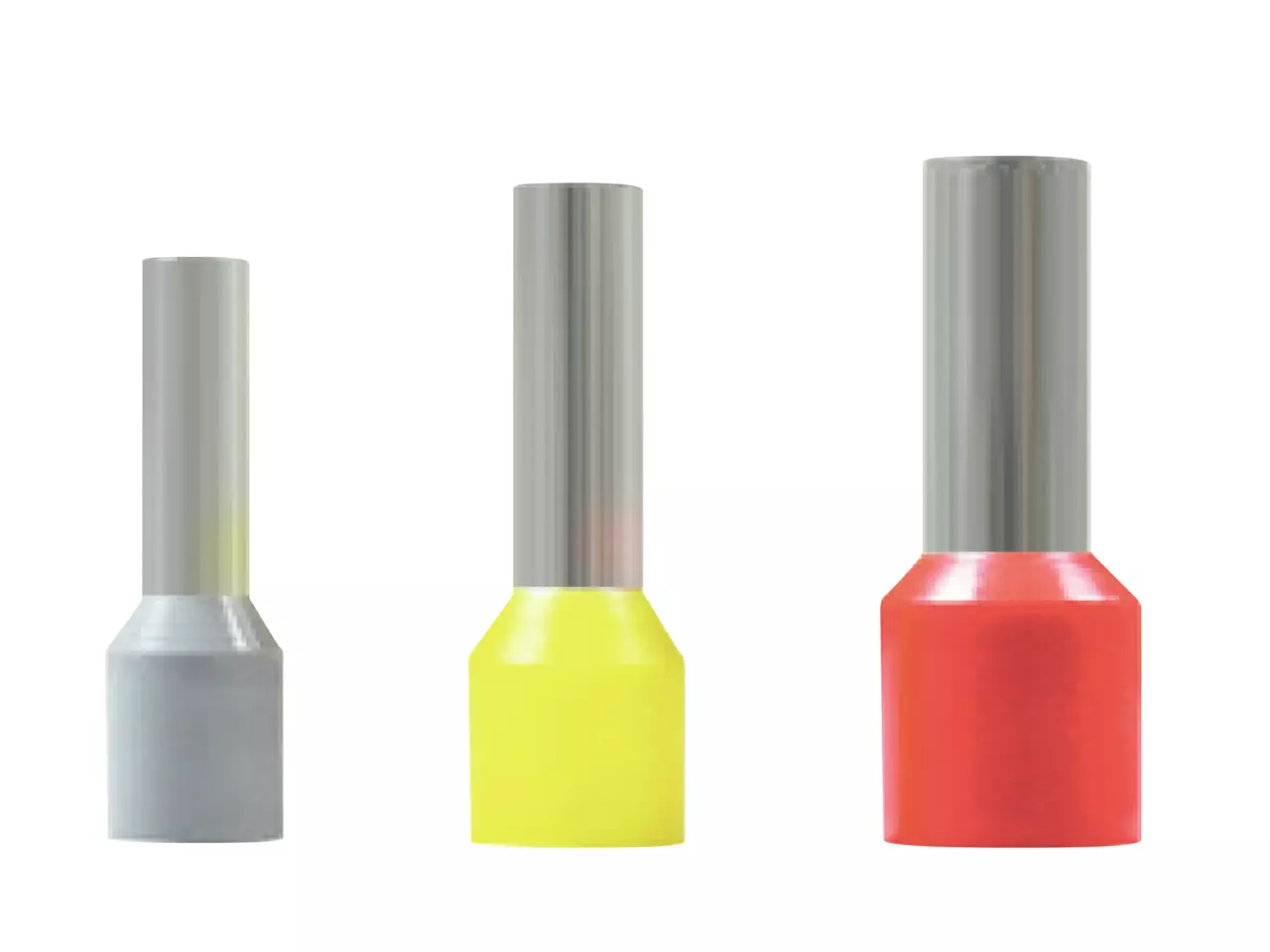 Three insulated wire ferrules in grey, yellow, and red, displayed upright.