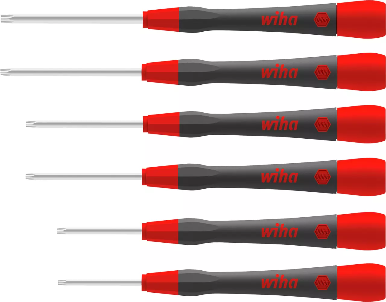 Set of six precision screwdrivers with red and black handles, aligned horizontally.