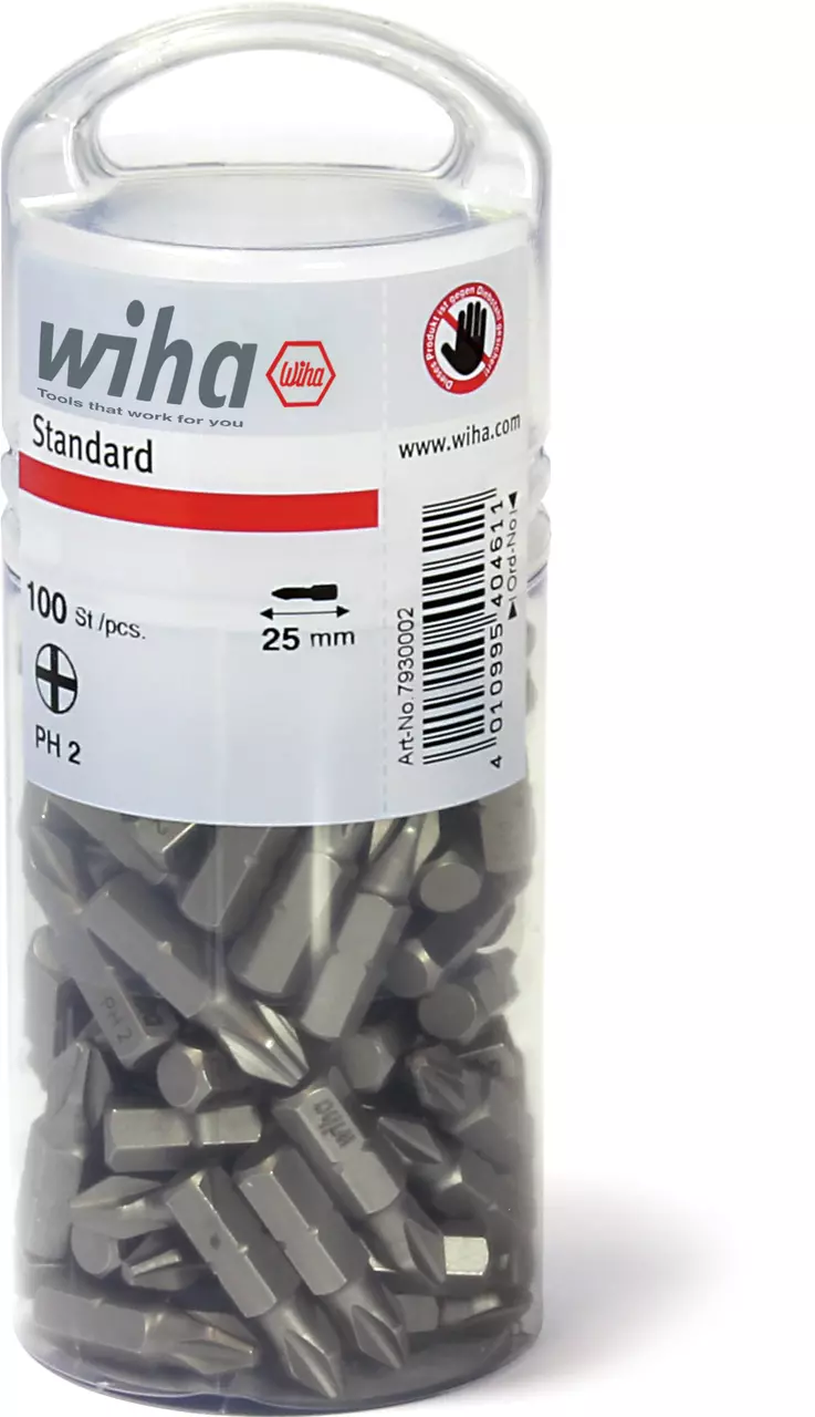 Container with 100 Phillips screwdriver bits, 25 mm length, PH 2 size.