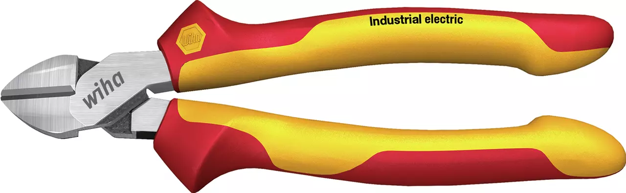 Red and yellow insulated side cutter with metal cutting blades.