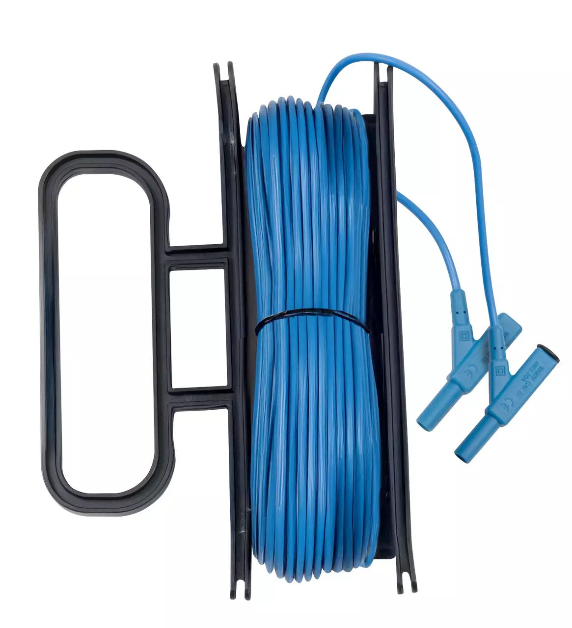 Blue cable wound on a black plastic reel with connectors.