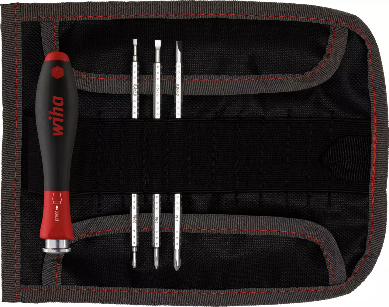 Electric screwdriver set with four interchangeable bits in a black fabric case with red stitching.
