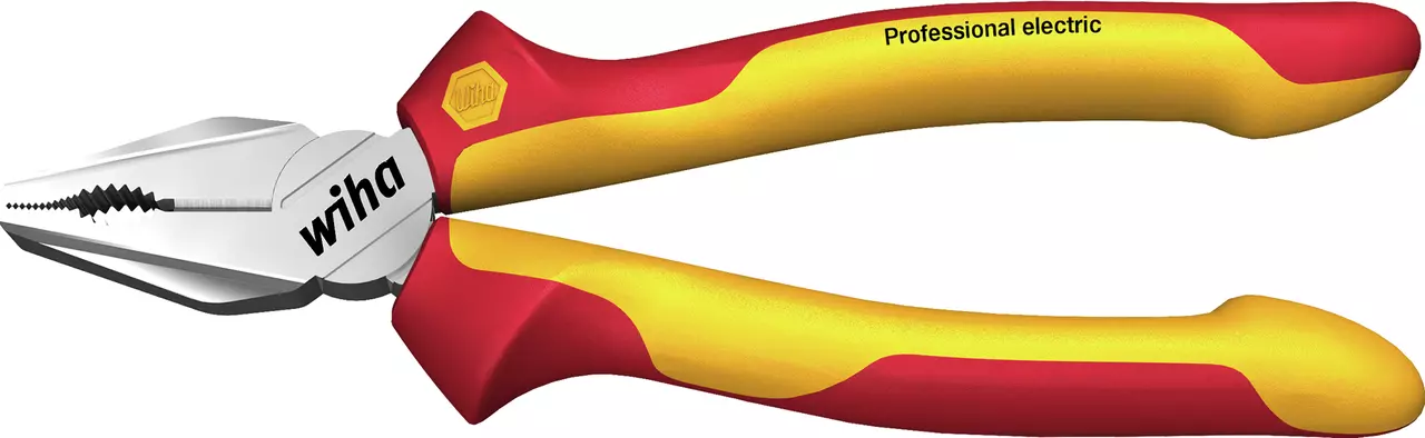 Red and yellow insulated combination pliers with serrated jaws and branding.