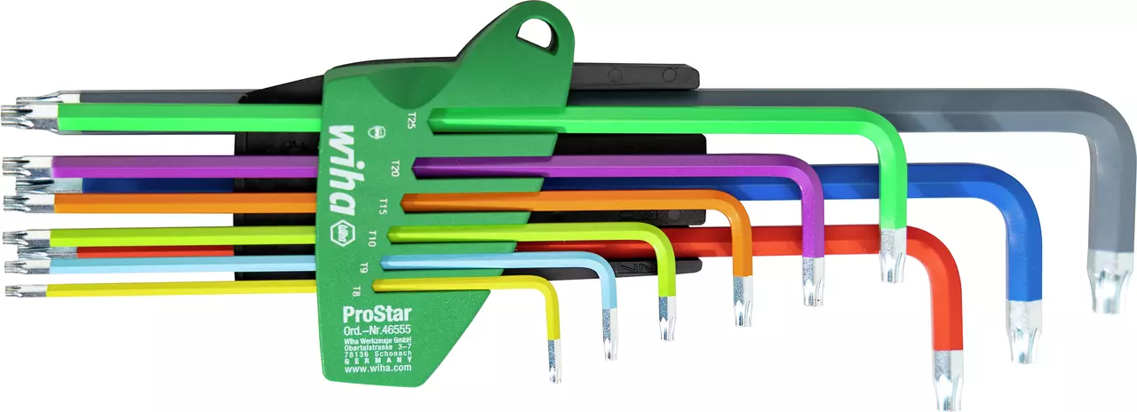 Set of nine colored L-shaped Torx keys in a green holder.
