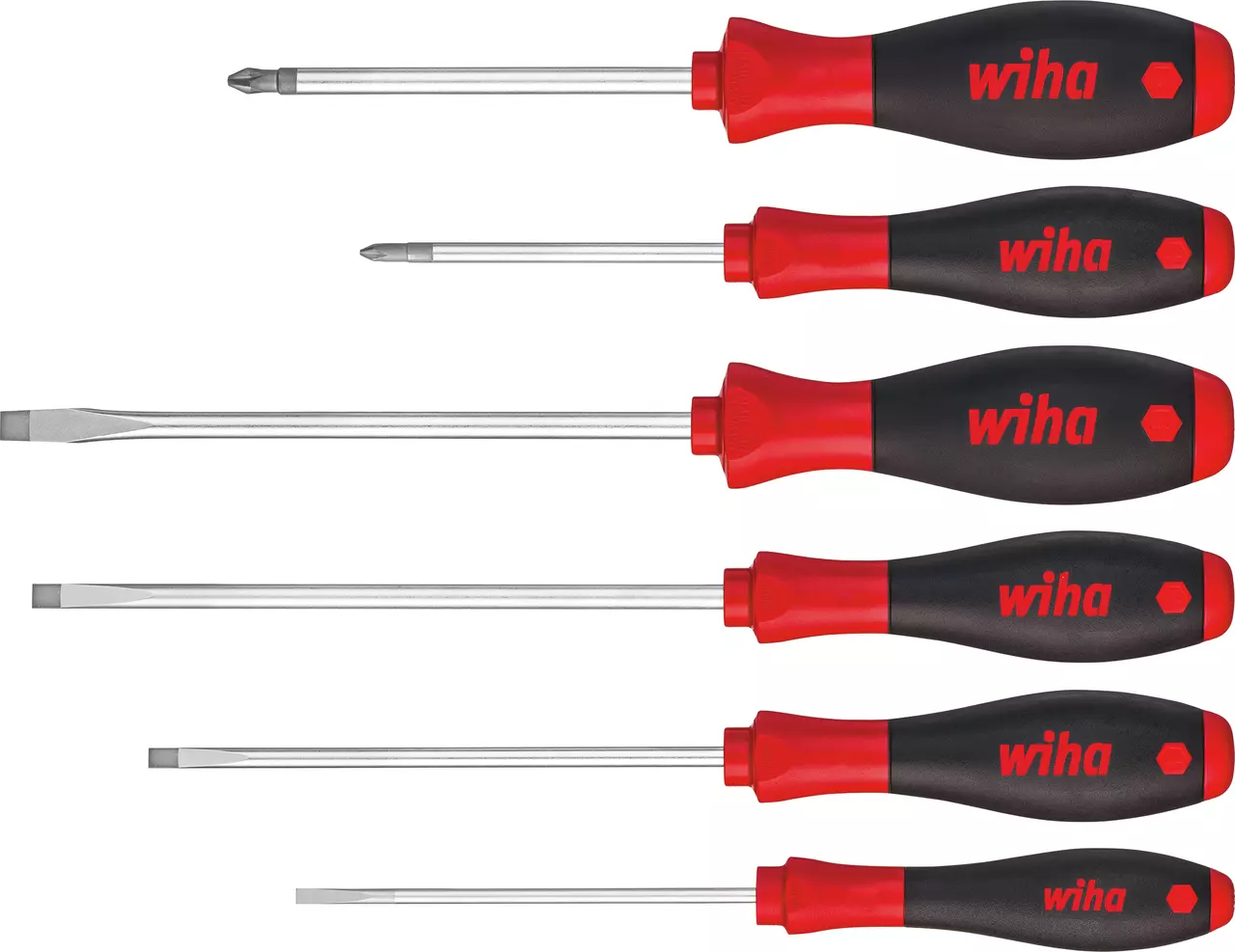 Set of six screwdrivers with black and red ergonomic handles