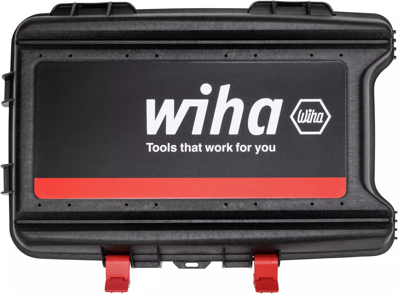 Black tool case with red latches and "Wiha" logo on the front.