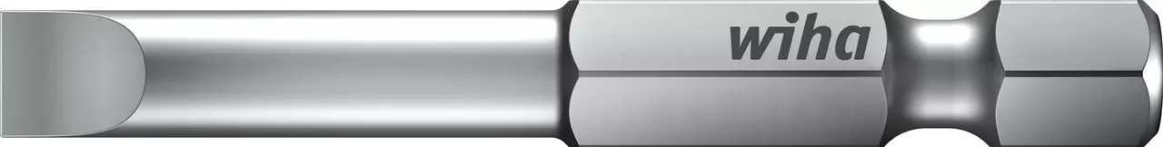 Slotted screwdriver bit with metallic finish, featuring hexagonal base and brand logo