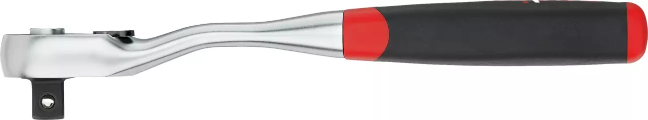 Silver ratchet wrench with black and red handle, side view.