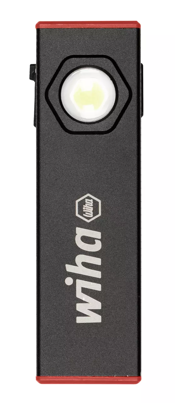 Black handheld LED light with red accents and "Wiha" logo.