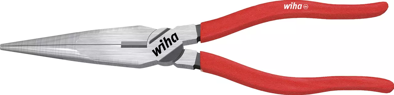 Flat-nose pliers with red handles and metallic jaws.