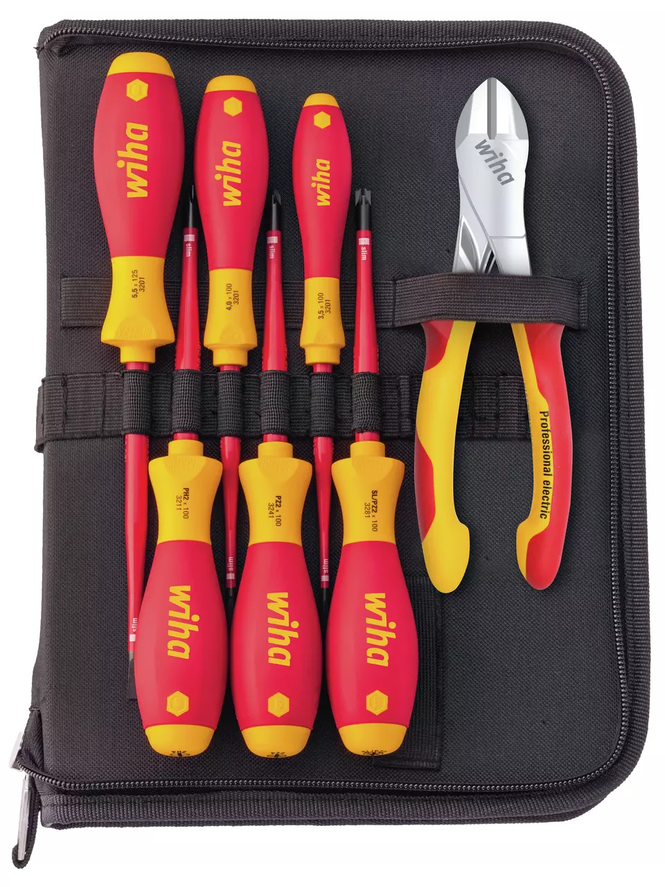 Red and yellow screwdriver and plier set in a black fabric case.