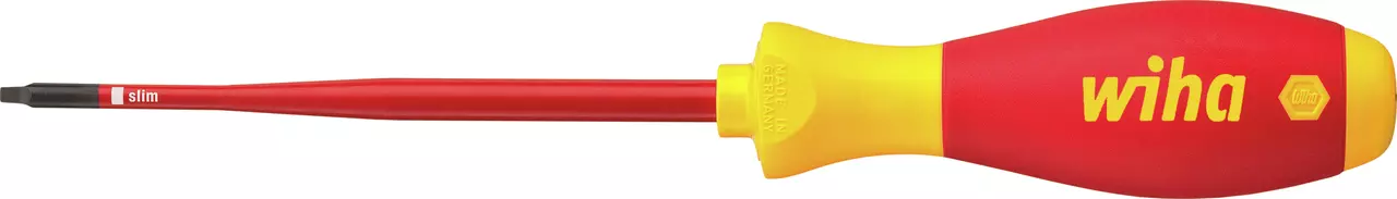 Red and yellow insulated screwdriver with a slim blade