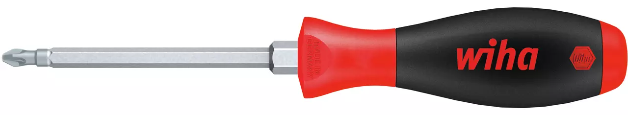 Screwdriver with red and black handle and hexagonal shaft.