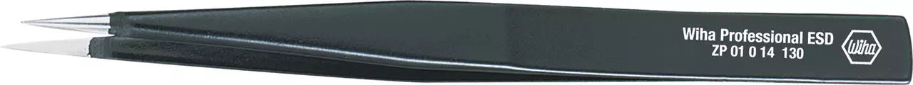 Black ESD precision tweezers with pointed tips and white text on the handle.