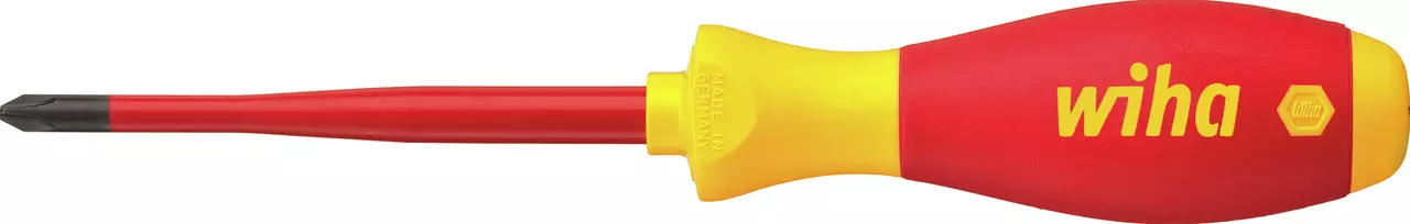 Red and yellow insulated screwdriver with a flathead tip.