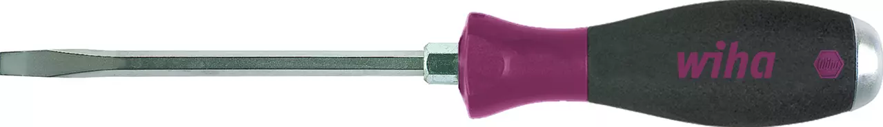 Slotted screwdriver with a black and purple handle and metal tip.