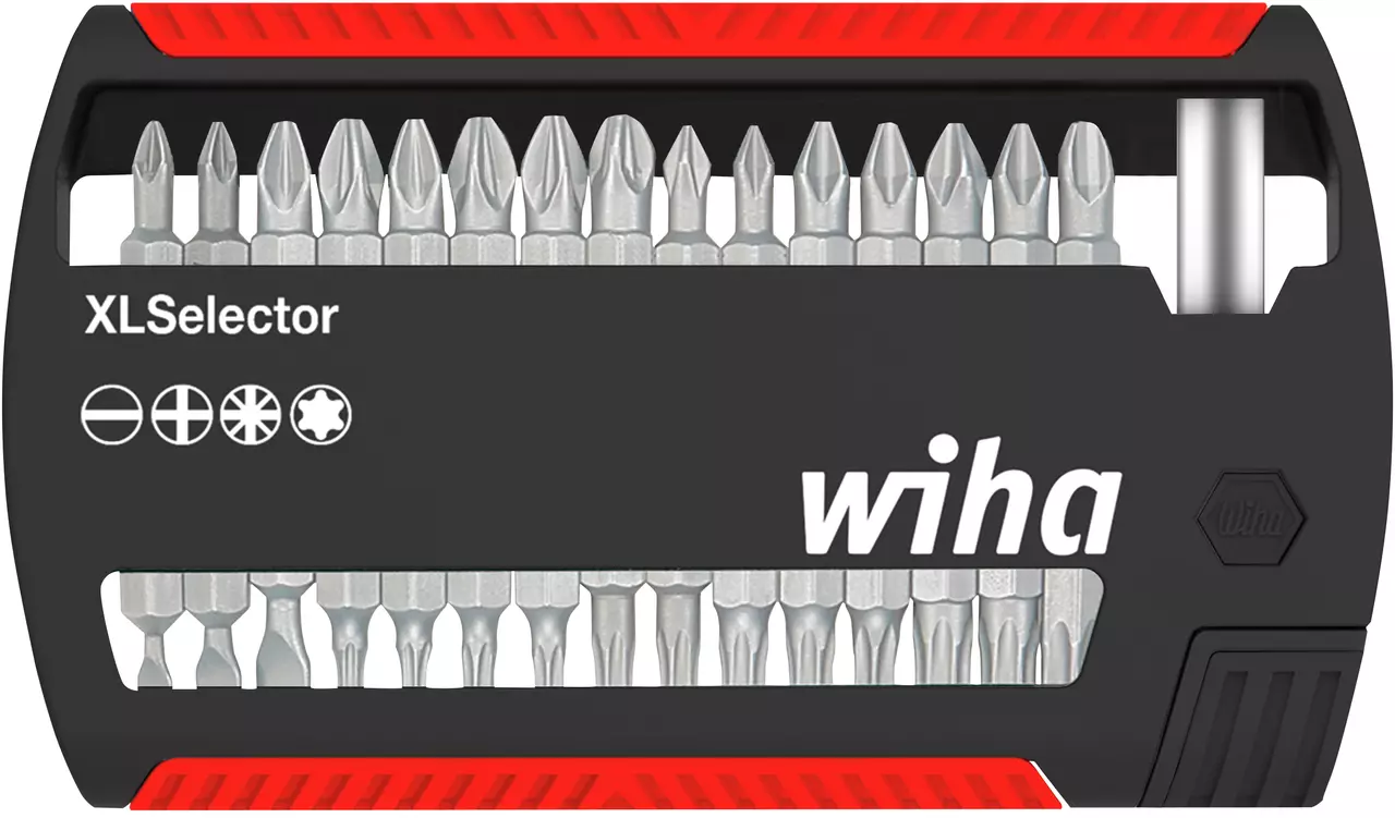 Screwdriver bit set in black and red case with various metal bits visible.