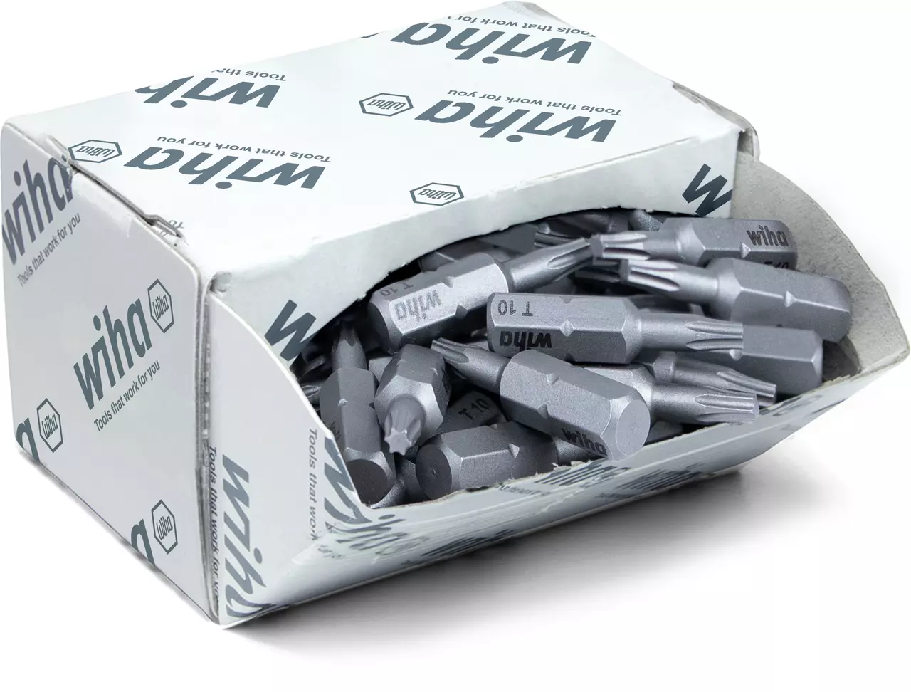 Open box with multiple gray screwdriver bits labeled "Wiha" and "T10"