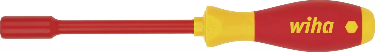 Red and yellow insulated socket wrench with a hexagonal tip.