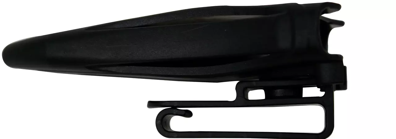 Zwart plastic holster voor elektriciens, zijaanzicht.