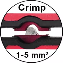 Close-up van een krimpgereedschap met rode en zwarte delen, gelabeld "Krimp 1-5 mm²."