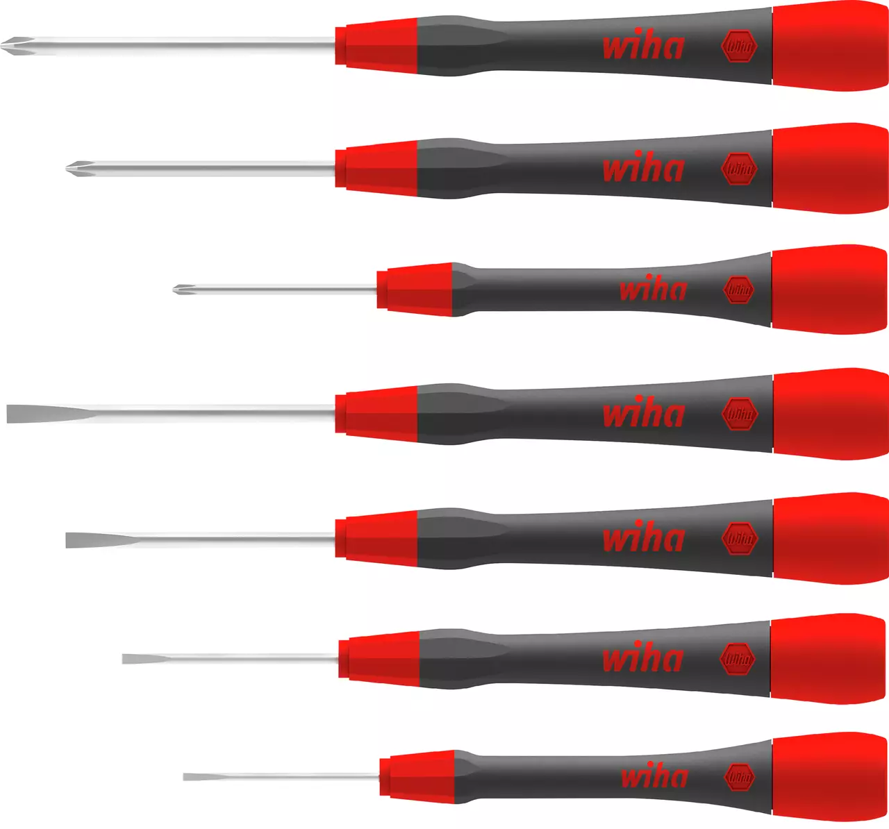 Set of six red and black precision screwdrivers with various tips