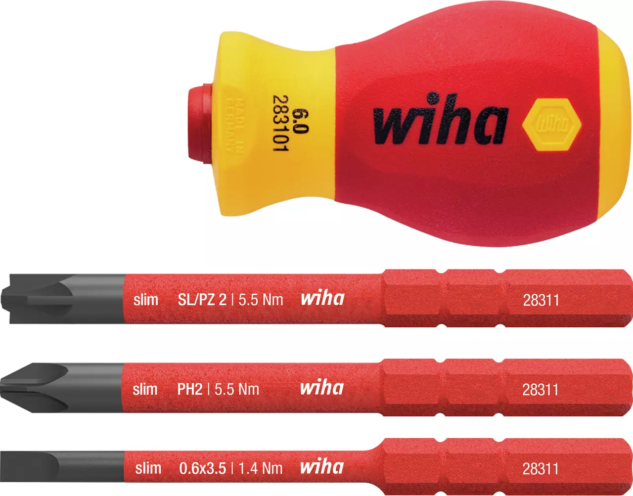 Electric screwdriver with a red and yellow handle and three red interchangeable bits.
