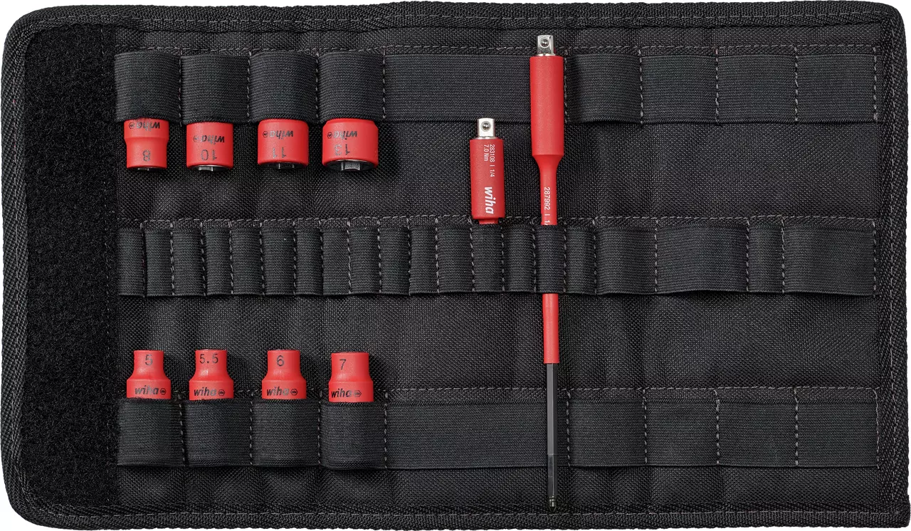 Black tool roll with red socket set and handles