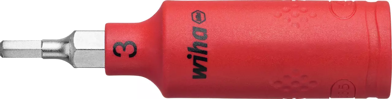 Red insulated socket wrench bit with hexagonal tip.
